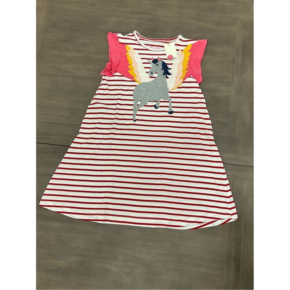 Mini Boden Sleeveless Red & White Stripe Dress with Unicorn